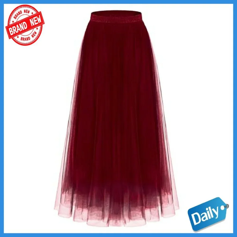 Women's 2-Layer Tulle Midi Skirt Elastic Waist A-Line Work Party - Picture 2 of 8